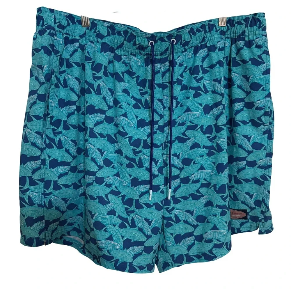 Vineyard Vines Board Shorts Mens 2XB Blue Full Graphic Leafs Fishes Floral Beach